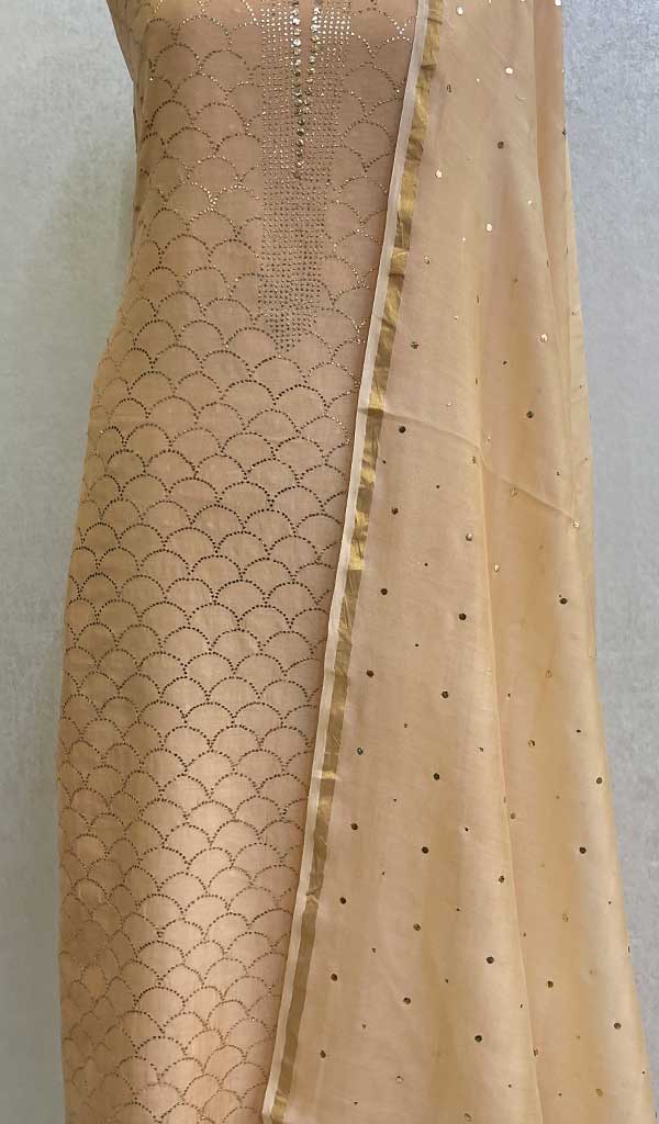 Women's Lakhnavi Handcrafted Chanderi Silk Chikankari Full Suit Material - Honc022058