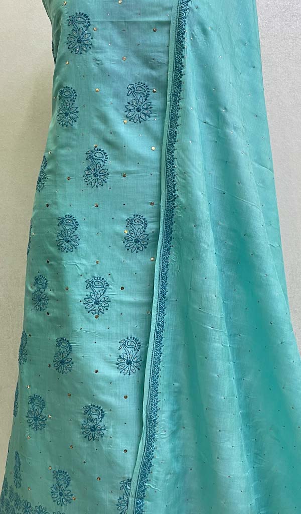 Lakhnavi 手工制作的 Munga 丝绸 Chikankari Kurta 和 Dupatta 套装 - HONC0107590
