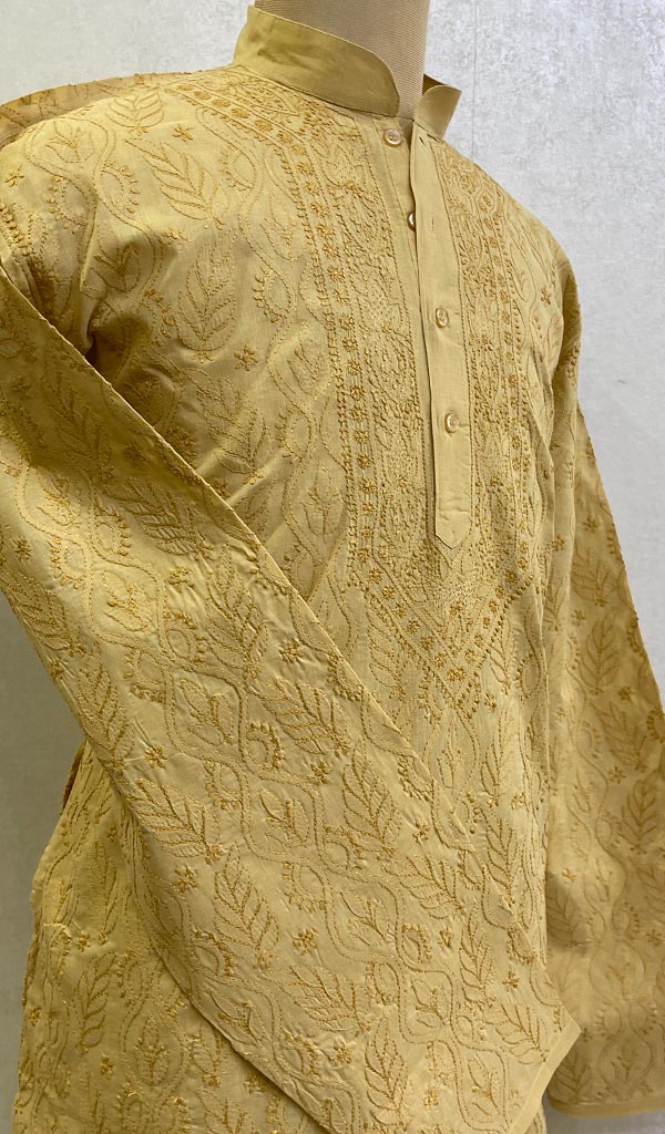 Elevate Your Style with a Mustard Hand-weaved Chinese Collar Kurta