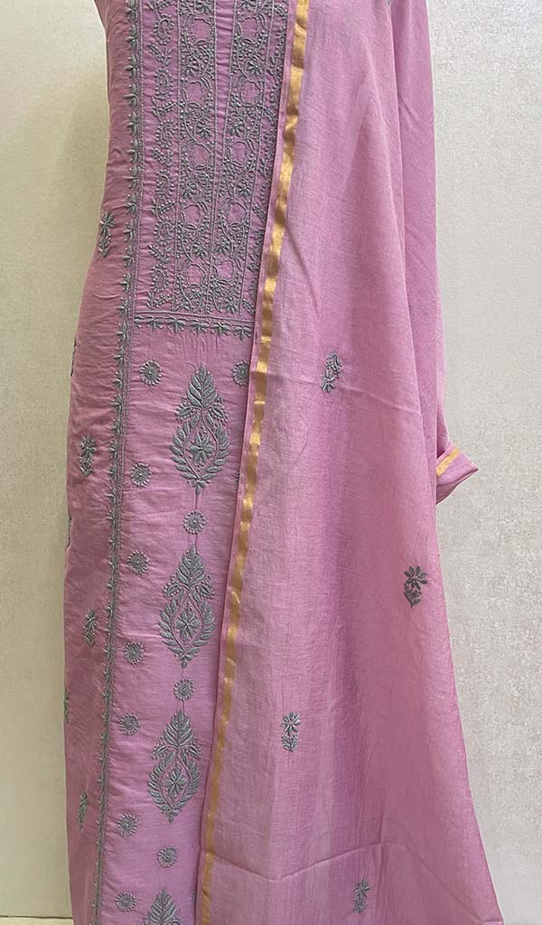 Women's Lakhnavi Handcrafted Chanderi Silk Chikankari Kurta Dupatta Set- HONC0112123