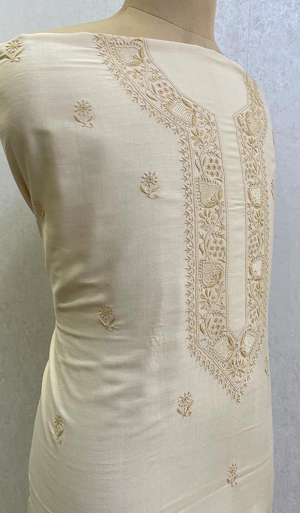 Lucknowi Handcrafted Munga Silk Chikankari Unstitched Men's Kurta Fabric - HONC0104209