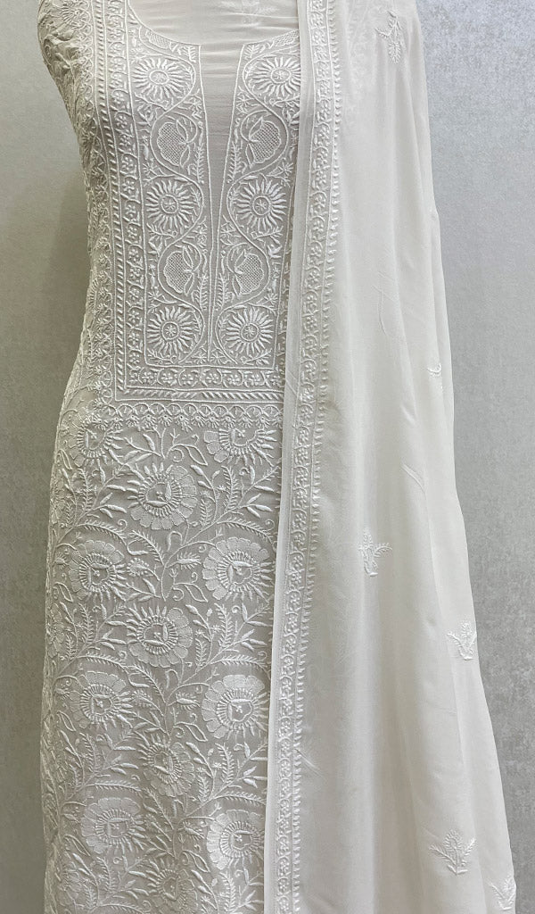 Women's Lakhnavi Handcrafted Pure Silk Georgette Chikankari Kurta  And Dupatta Set- HONC0107197