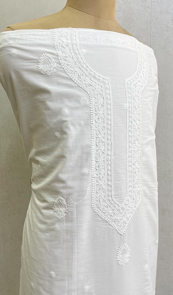 Lucknowi Handcrafted White Cotton Chikankari Unstitched Men's Kurta Fabric - HONC0124093