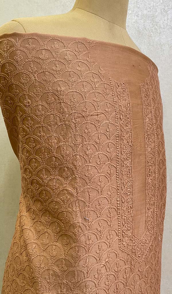 Lucknowi Handcrafted Chanderi Silk Chikankari Unstitched Men's Kurta Fabric - HONC0113079