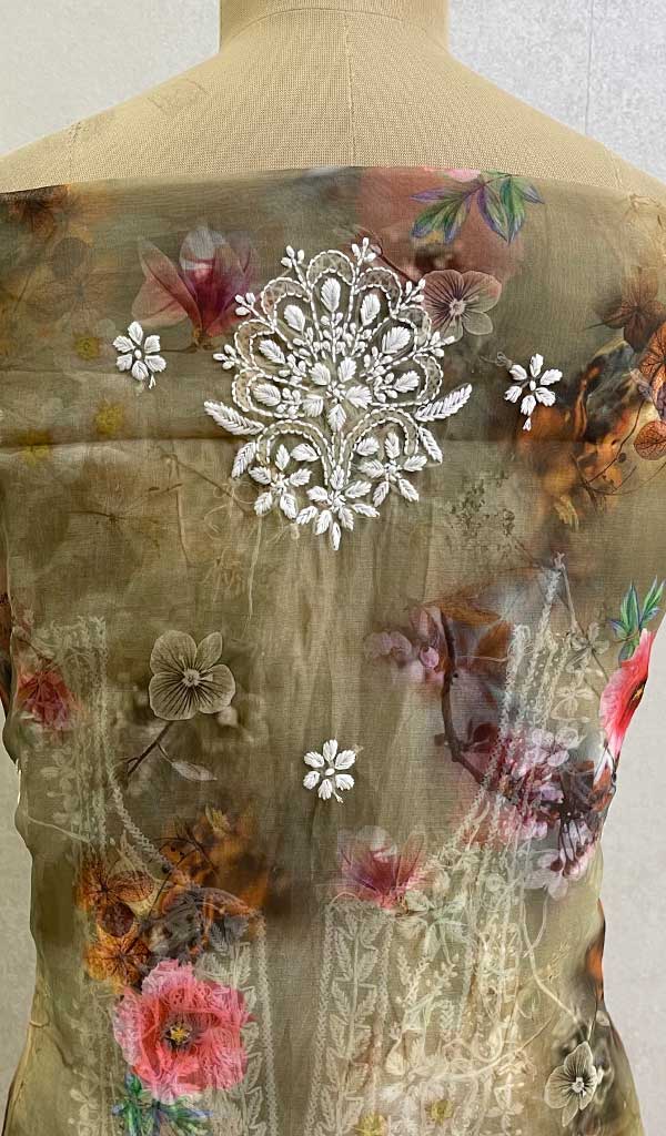 Lakhnavi 手工制作欧根纱 Chikankari 未缝合库尔塔和杜帕塔套装 - Honc0130900