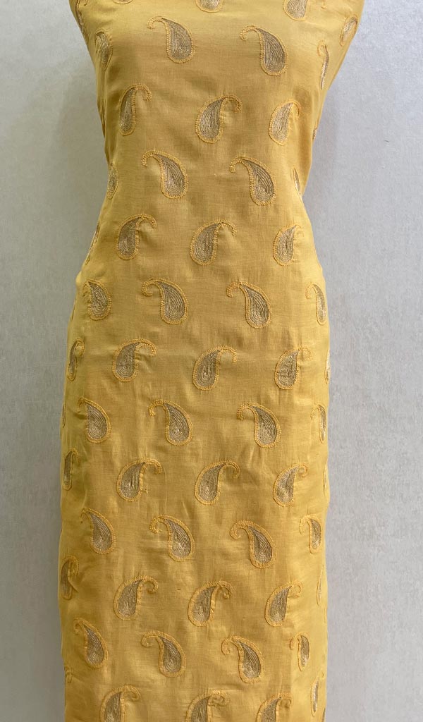 Women's Lakhnavi Handcrafted Chanderi Silk Chikankari Unstitched Kurti Fabric - Honc0882106