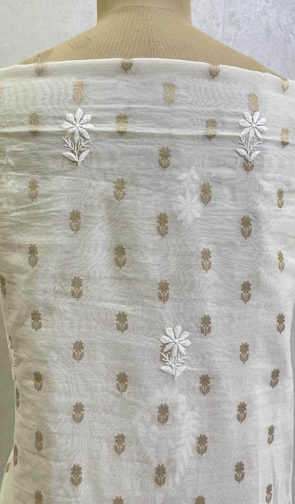 Lakhnavi 手工制作 Chanderi 丝绸 Chikankari Kurta Dupatta 套装 - Honc096473
