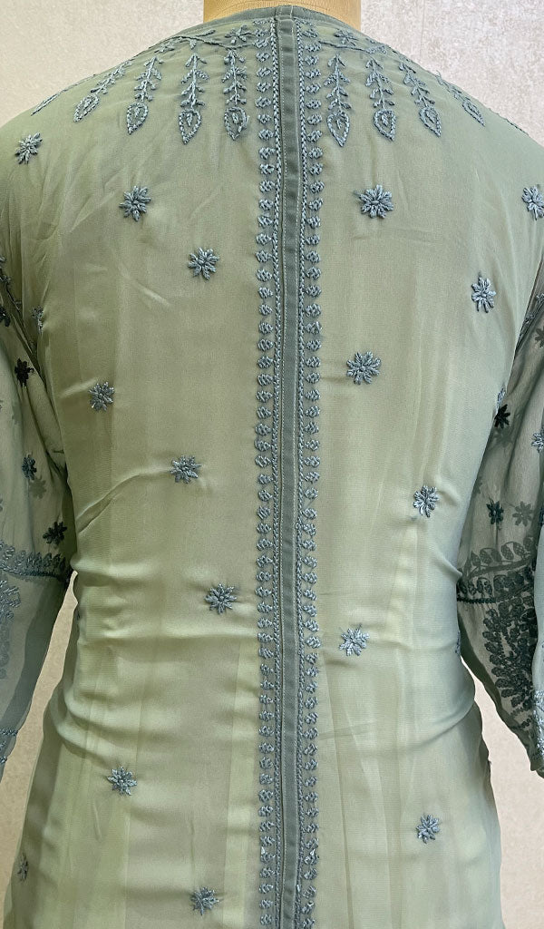 Women's Lakhnavi Handcrafted Faux-Georgette Chikankari Front Open  Dress - HONC0137256
