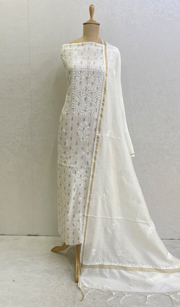 Women's Lakhnavi Handcrafted Chanderi Silk Chikankari Kurta Dupatta Fabric - HONC078805