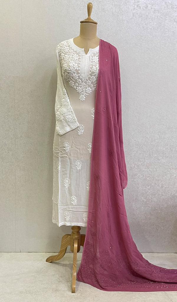 勒克瑙手工制作粘胶乔其纱 Chikankari Dupatta - Honc095712