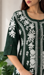 Women's Lucknowi Handcrafted Dark Green Linen Cotton Chikankari Kurti - HONC011149