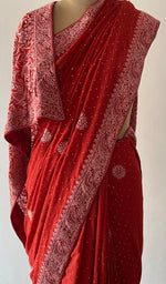 Red Pure Silk Georgette Chikankari Saree