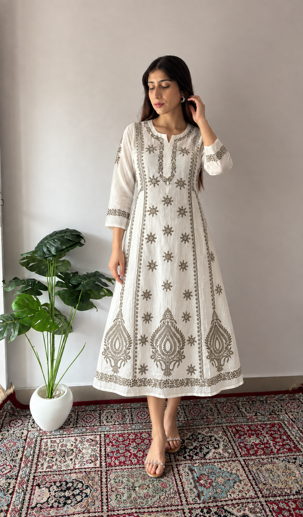 Divya Women's Lucknowi Handcrafted Cotton Chikankari Anarkali Dress - HONC0213345