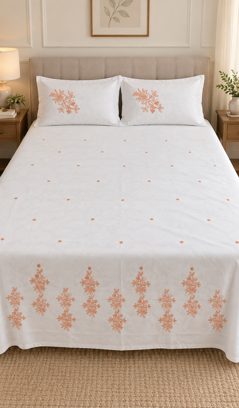Lakhnavi Handcrafted Cotton Chikankari Bedsheet Set - HONC0379442