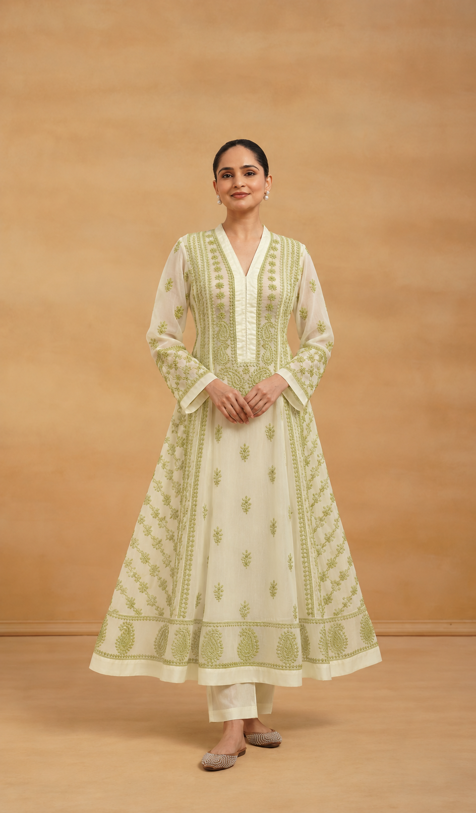 Women's Lakhnavi Handcrafted Organza Chikankari Anarkali Dress- HONC040028