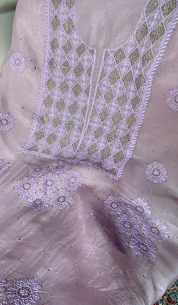 Sneha Women's Lakhnavi Handcrafted Pure Organza Chikankari Unstitched Kurta And Dupatta Set- HONC0351776