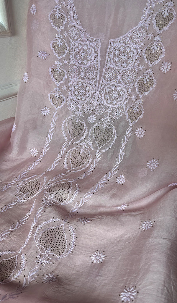 Women's Lakhnavi Handcrafted Pure Organza Chikankari Unstitched Kurta And Dupatta Set- HONC0341958