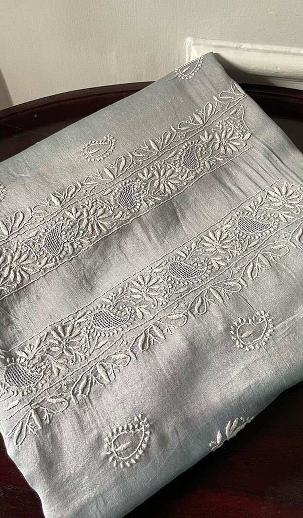 Women's Lucknowi Handcrafted Chanderi Silk Unstitched Chikankari Kurta and Dupatta Set- HONC0288648