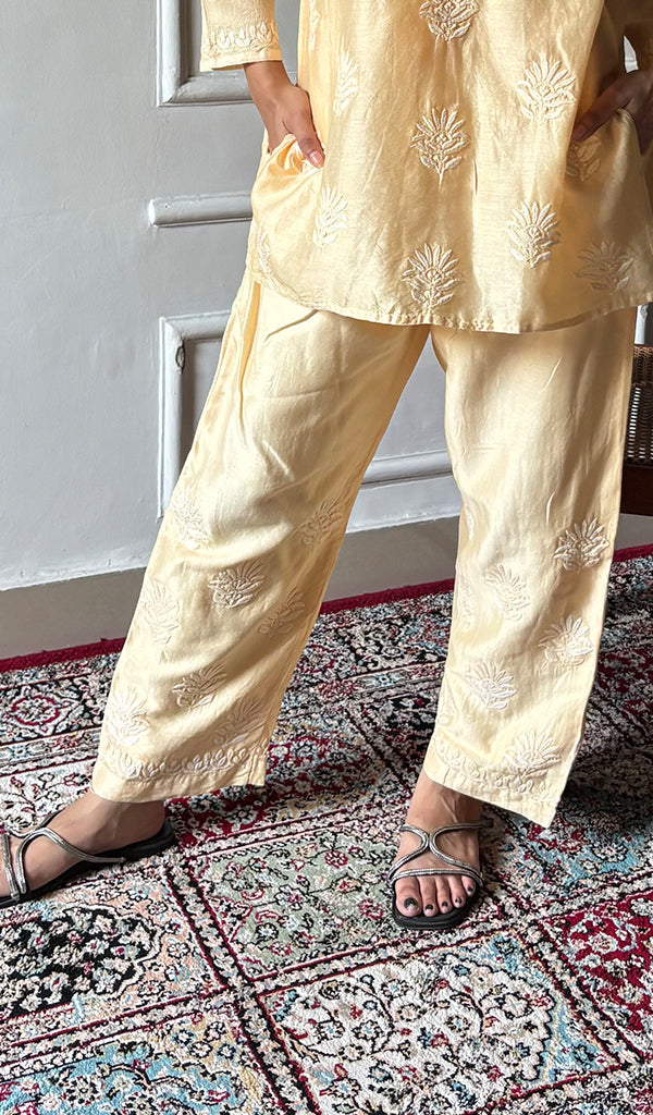 Women's Lakhnavi Handcrafted Chanderi Silk Chikankari Top And Pant Set - HONC0360725