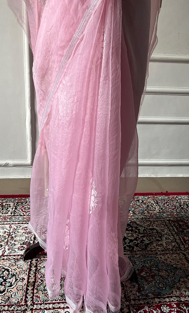 Women's Lucknowi Handcrafted Pure Organza Silk Chikankari Saree - HONC0321771