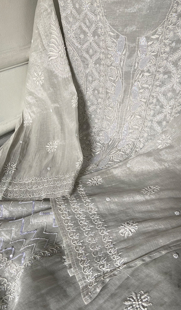 Women's Lakhnavi Handcrafted Tissue Chanderi Unstitched Chikankari Kurta And Dupatta Set - HONC0323645