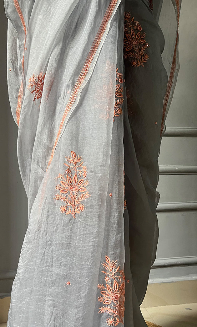 Women's Lucknowi Handcrafted Pure Organza Silk Chikankari Saree - HONC0283196