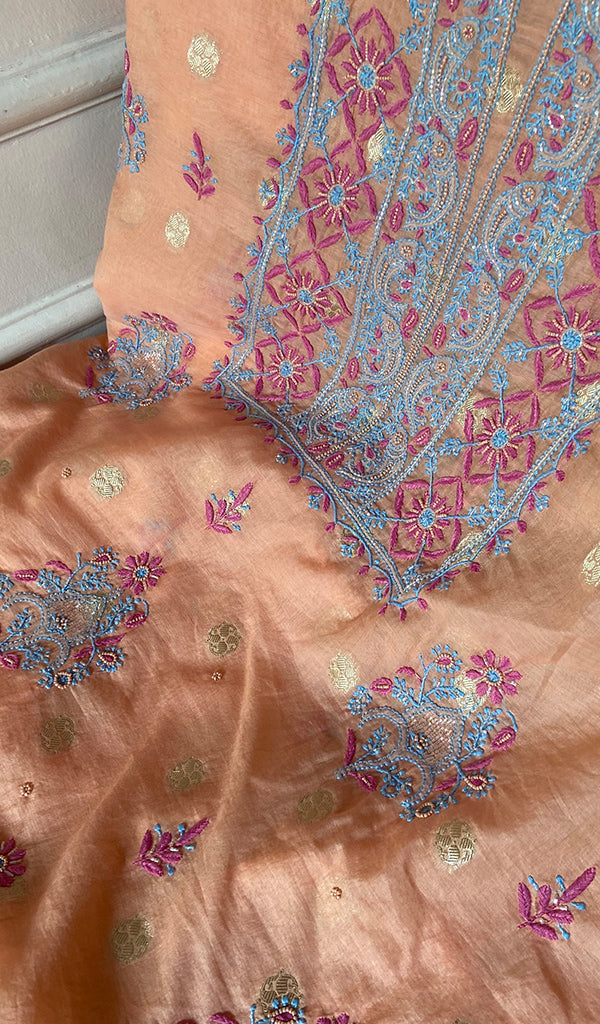 Women's Lakhnavi Handcrafted Mul Chanderi Unstitched Chikankari Full Suit - HONC0352034