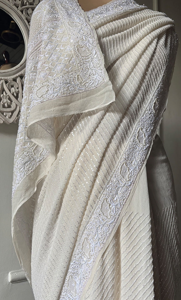 Women's Lakhnavi Handcrafted Pure Silk Georgette Chikankari Saree - HONC0313293