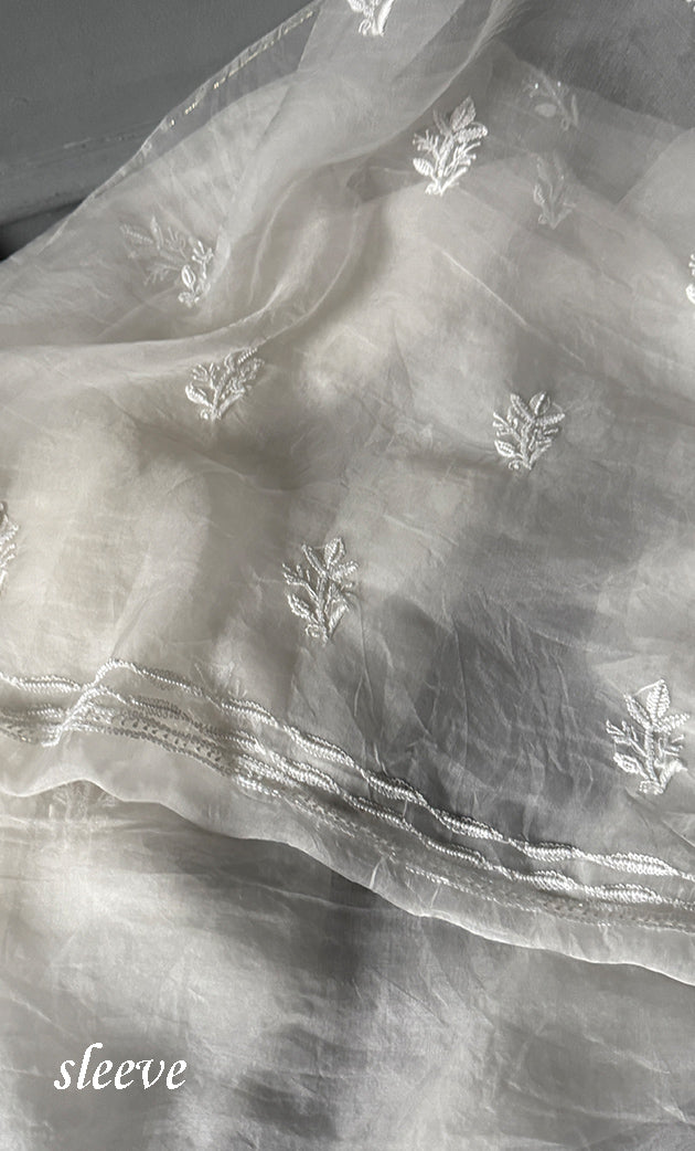Women's Lakhnavi Handcrafted Pure Organza Chikankari Unstitched Kurta And Dupatta Set- HONC0307951