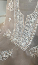 Load image into Gallery viewer, Women's Lakhnavi Handcrafted Pure Organza Chikankari Unstitched Kurta And Dupatta Set- HONC0329219