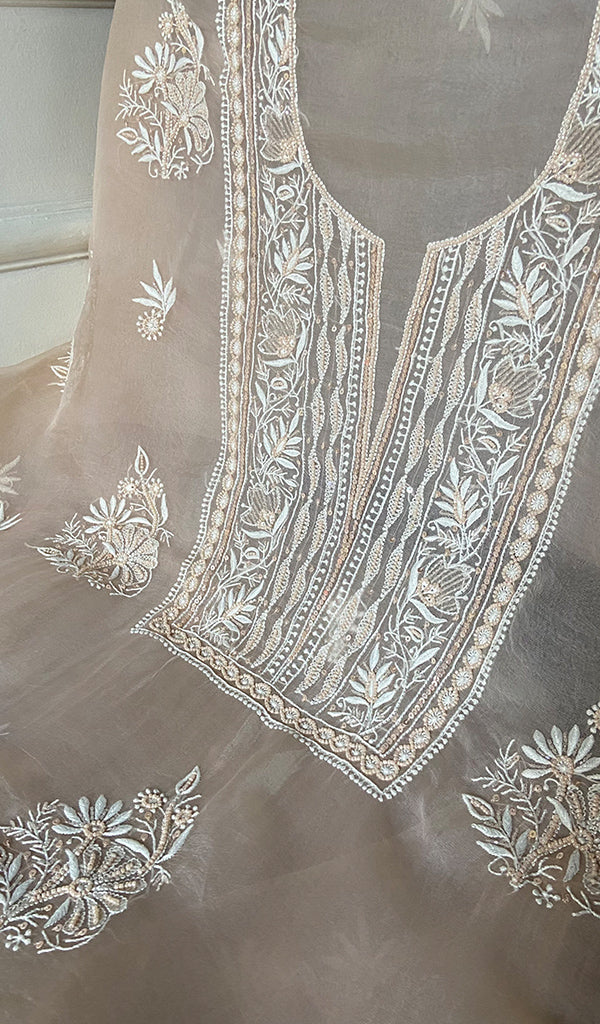 Women's Lakhnavi Handcrafted Pure Organza Chikankari Unstitched Kurta And Dupatta Set- HONC0329219