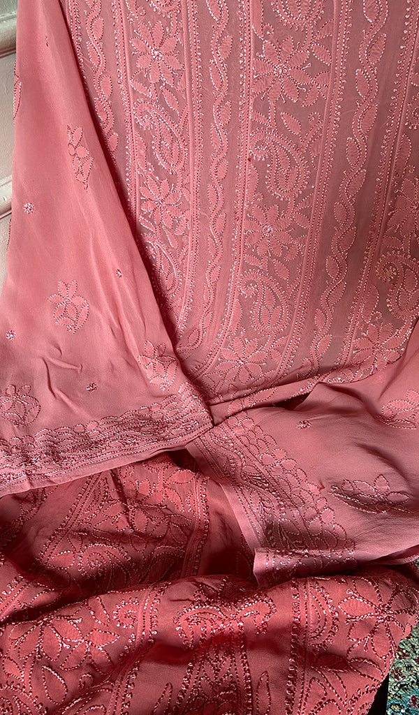 Women's Lakhnavi Handcrafted Viscose Georgette Semi - Stitched Chikankari Anarkali 3pc Set - HONC0358490