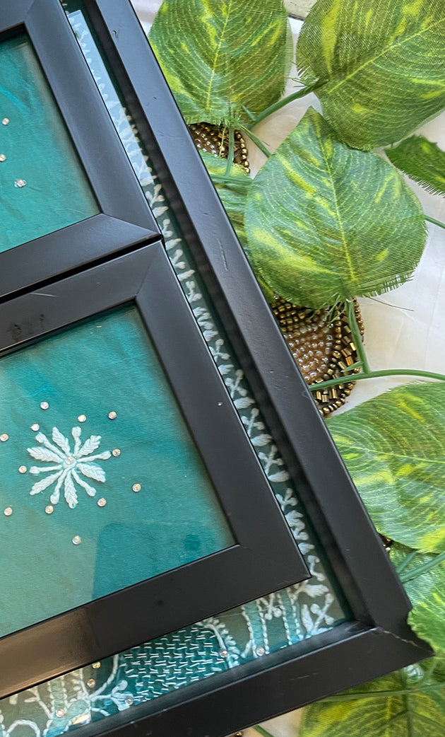 Handcrafted Chikankari Tray with Two Coasters – Wooden Frame - HONC0313503