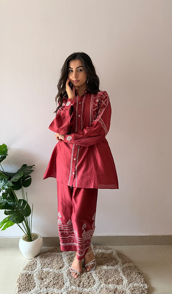 Women's Lakhnavi Handcrafted Chanderi Silk Chikankari Top And Pant Set - HONC0379822