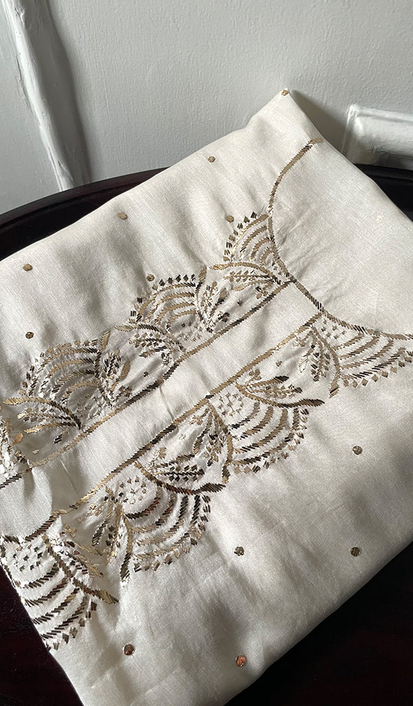 Women's Lucknowi Handcrafted Chanderi Silk Unstitched Chikankari Kurta and Dupatta Set- HONC0304296