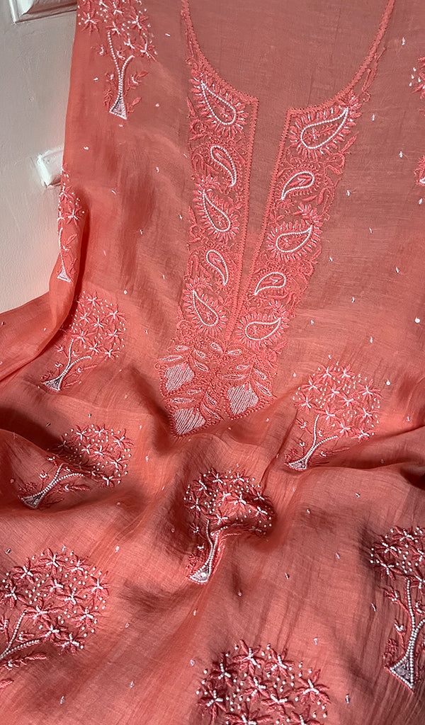 Women's Lakhnavi Handcrafted Mul Chanderi Unstitched Kurta And Dupatta Set - HONC0253625