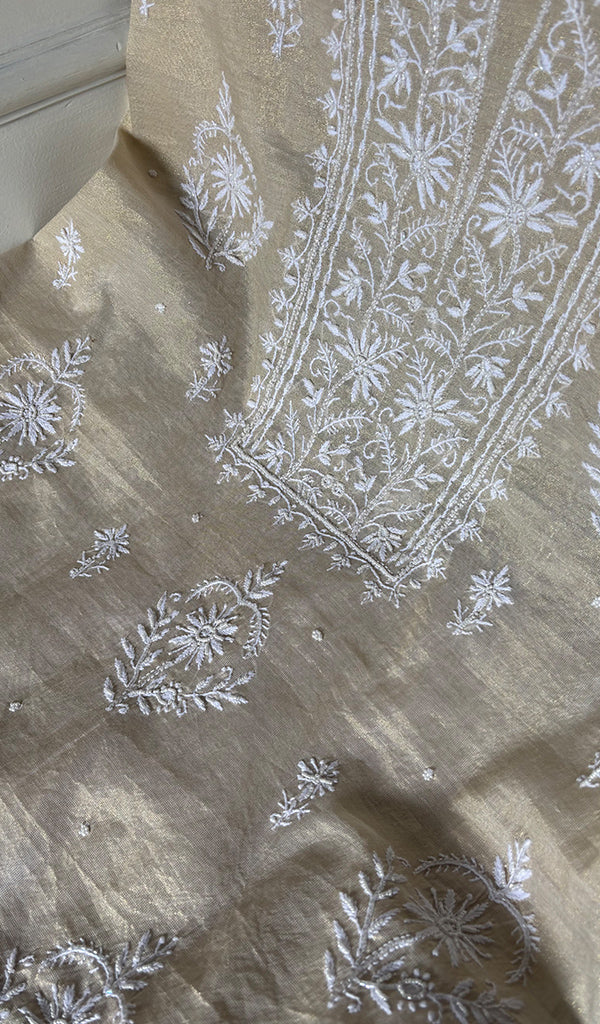 Women's Lakhnavi Handcrafted Tissue Chanderi Unstitched Chikankari Kurta And Dupatta Set - HONC0347706