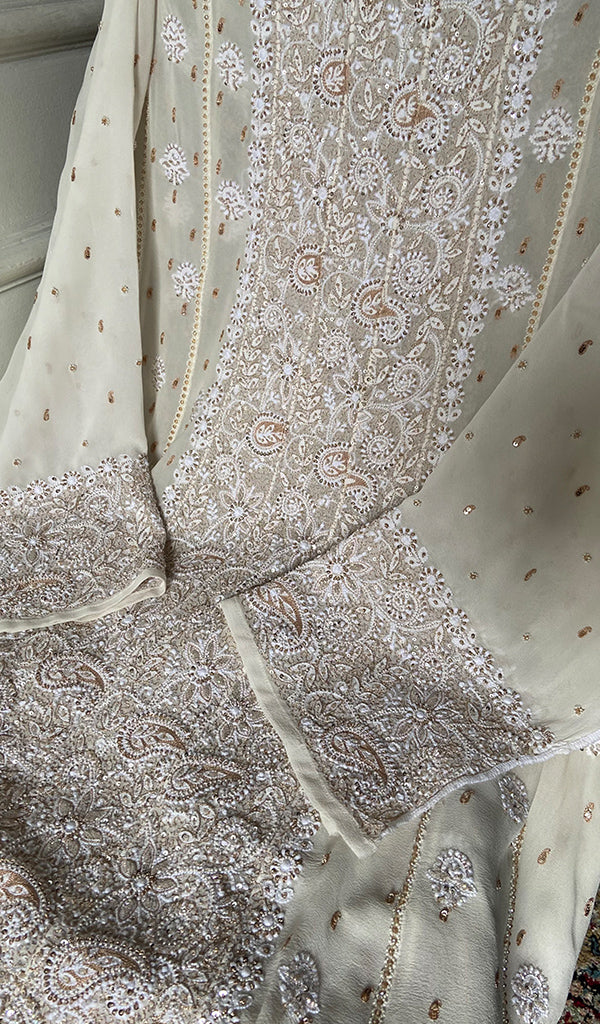 Women's Lakhnavi Handcrafted Pure Silk Georgette Chikankari Semi - stitched Anarkali And Dupatta Set- HONC0334398
