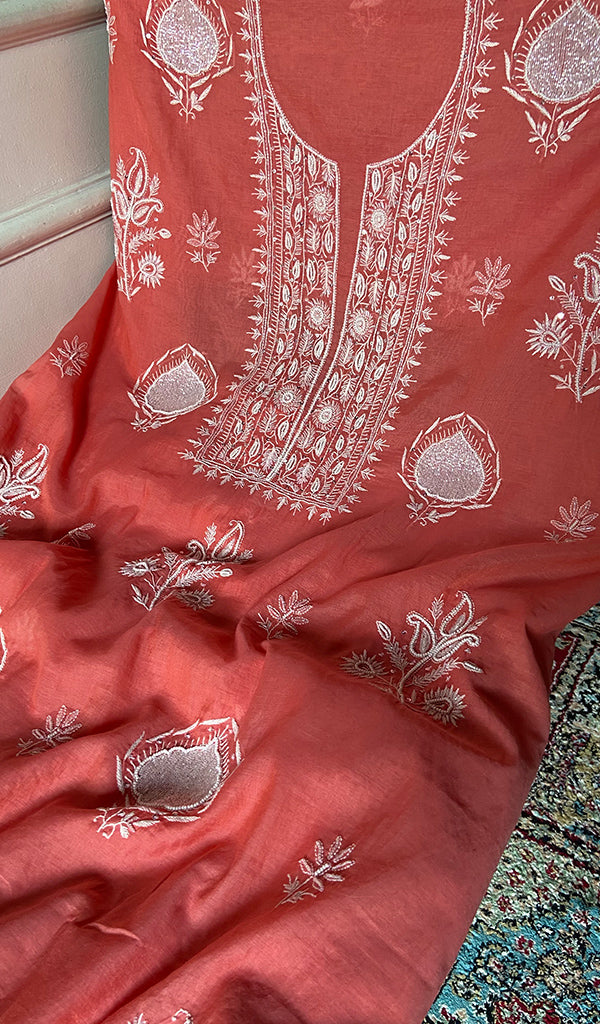 Women's Lakhnavi Handcrafted Mul Chanderi Unstitched Chikankari Full Suit Material - HONC0338249