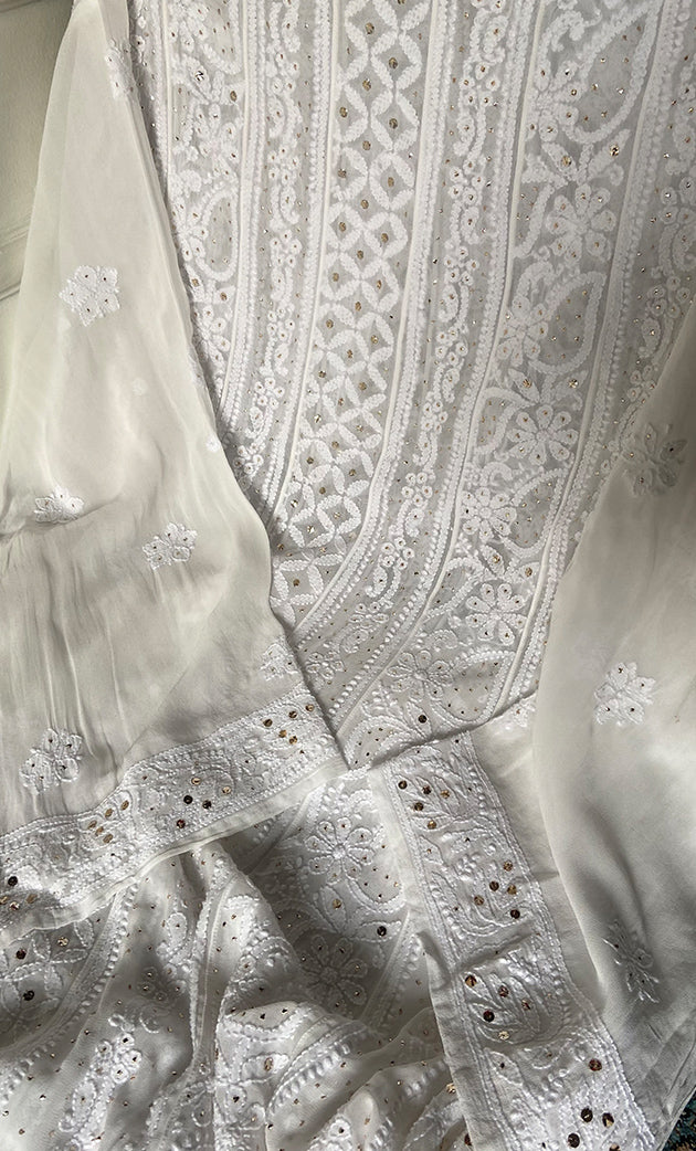 Women's Lucknowi Handcrafted Viscose Georgette Semi - Stitched Chikankari Anarkali and Dupatta Set- HONC0339070
