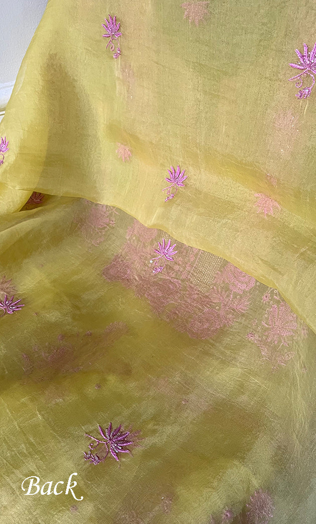 Gulaab Women's Lakhnavi Handcrafted Pure Organza Chikankari Unstitched Kurta And Dupatta Set- HONC0311853