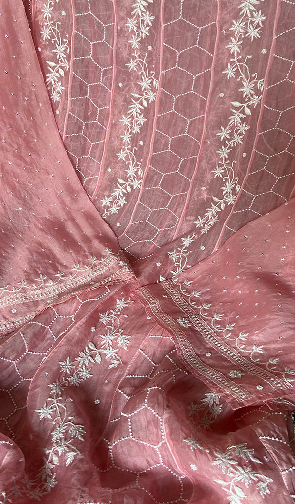 Eshani Women's Lucknowi Handcrafted Pure Organza Silk Chikankari Semi- stitched Anarkali Dupatta Set- HONC0362217