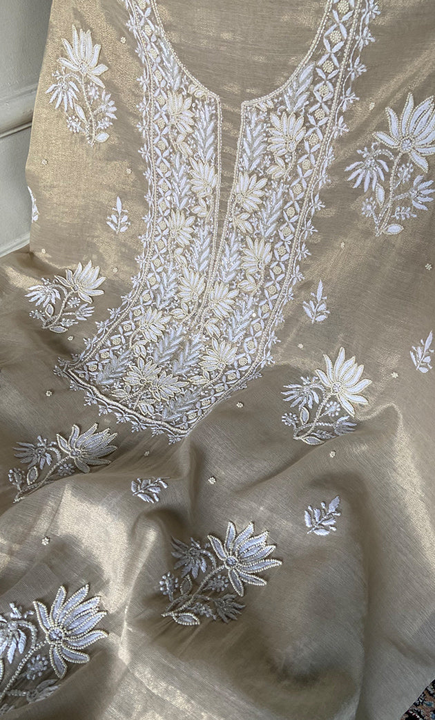 Women's Lakhnavi Handcrafted Tissue Chanderi Unstitched Chikankari Kurta And Dupatta Set - HONC0339371