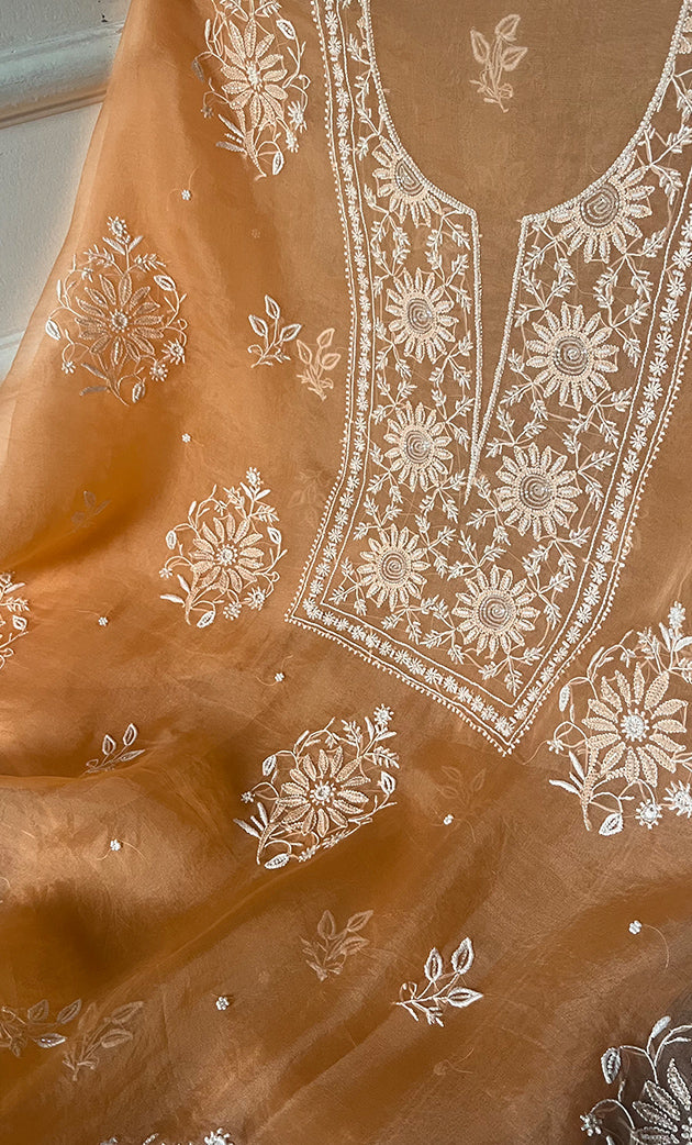 Women's Lakhnavi Handcrafted Pure Organza Chikankari Unstitched Kurta And Dupatta Set- HONC0307946