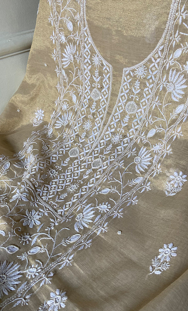 Women's Lakhnavi Handcrafted Tissue Chanderi Unstitched Chikankari Kurta And Dupatta Set - HONC0332073