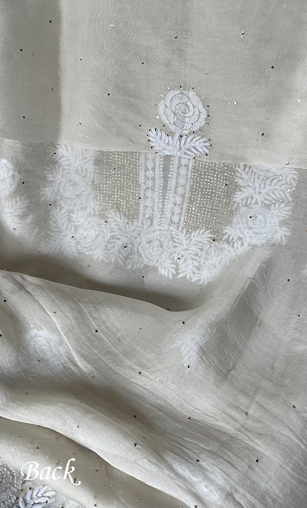 Afeera Women's Lakhnavi Handcrafted Pure Organza Chikankari Unstitched Kurta And Dupatta Set- HONC0302221