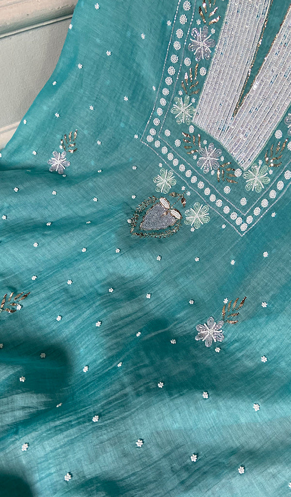 Women's Lakhnavi Handcrafted Mul Chanderi Unstitched Chikankari Full Suit - HONC0362592