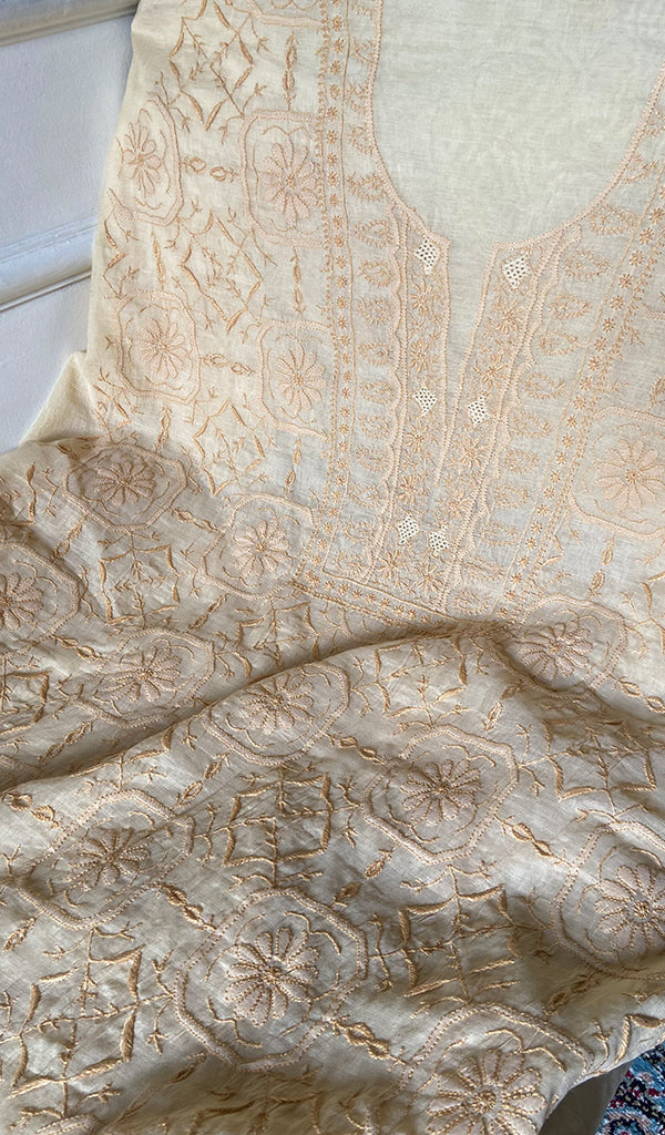 Women's Lucknowi Handcrafted Chanderi Silk Unstitched Chikankari Full Suit Material - HONC0342158