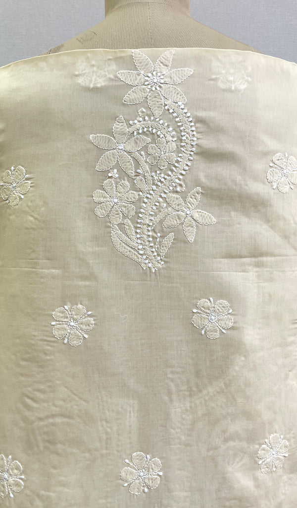 Women's Lucknowi Handcrafted White Cotton Chikankari Unstitched Kurti Fabric - HONC0194870