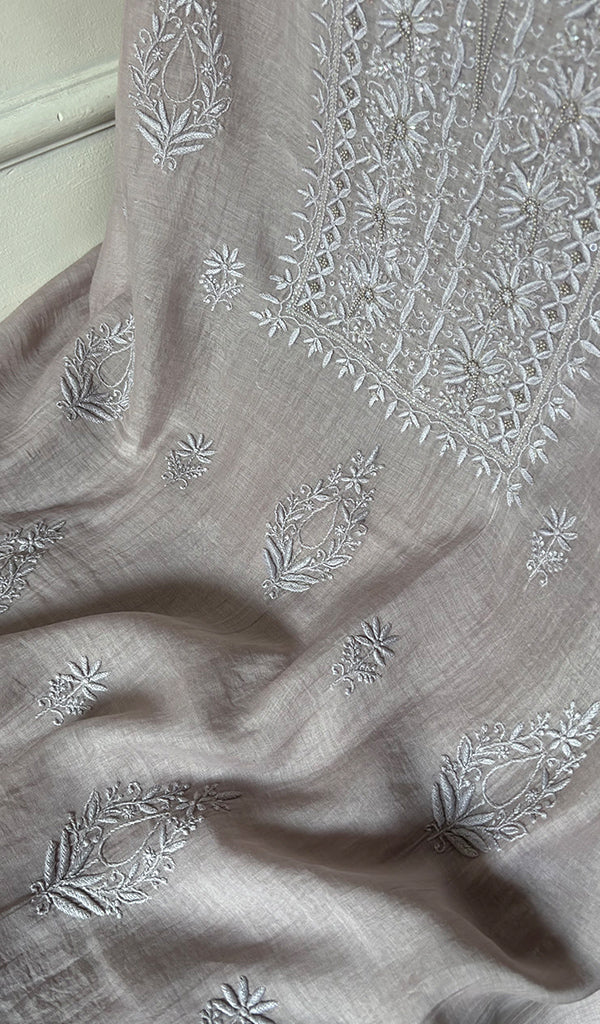 Women's Lakhnavi Handcrafted Mul Chanderi Unstitched Chikankari Full Suit Material - HONC0345041